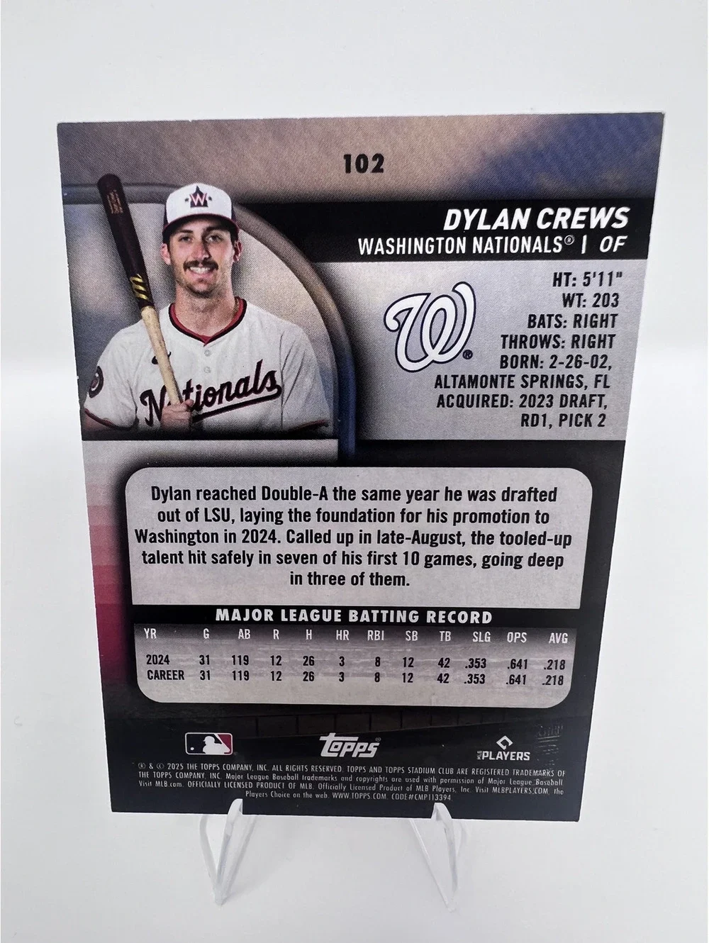 2025 Stadium Club Dylan Crews Rookie Black & White SSP Nationals RC #102